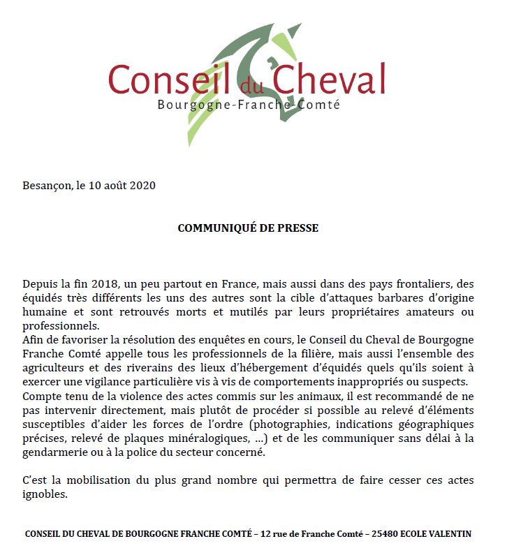 Communiqué de presse du Conseil du Cheval de Bourgogne Franche-Comté concernant les mutilations d'équidés