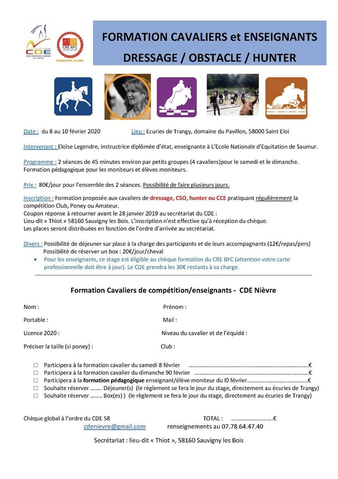 FORMATION CAVALIERS ENSEIGNANTS : Dressage - Obstacle et Hunter (58)