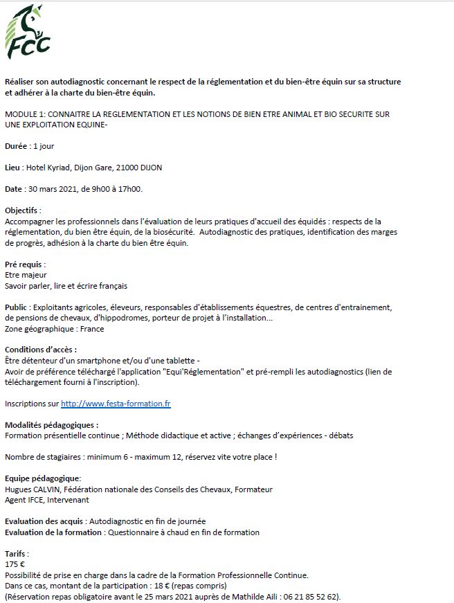 Formation : Réaliser son autodiagnostic concernant le respect de la réglementation et du bien-être équin sur sa structure et adhérer à la charte du bien-être équin.