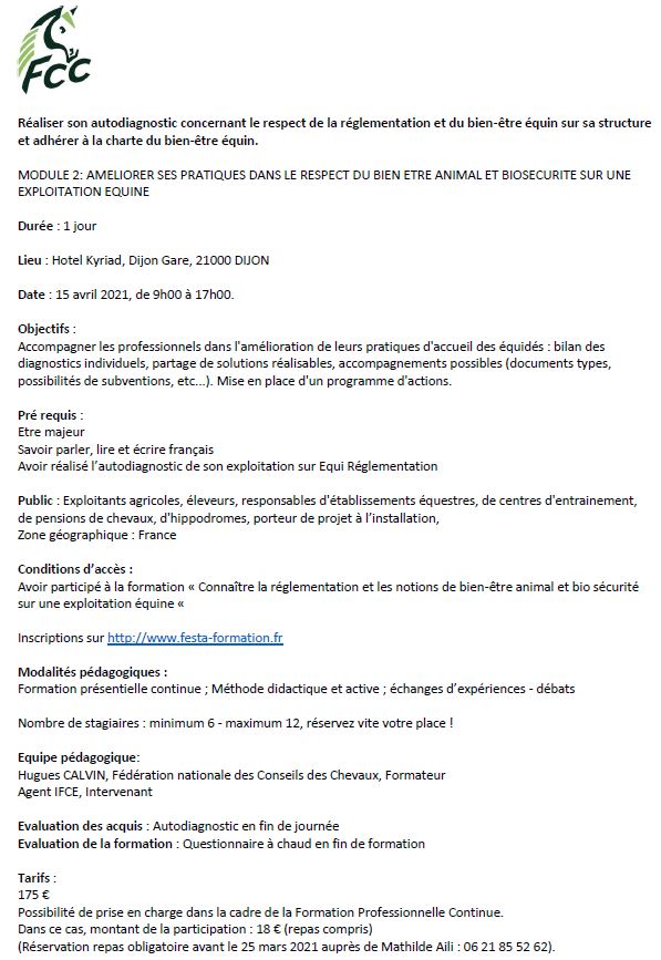 Formation : Réaliser son autodiagnostic concernant le respect de la réglementation et du bien-être équin sur sa structure et adhérer à la charte du bien-être équin.